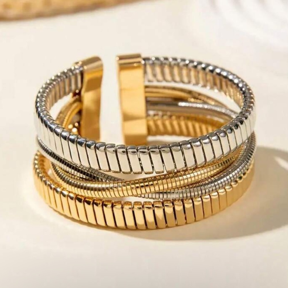 Stunning Modern Gold & Silver Double Layered Cuff Bracelet